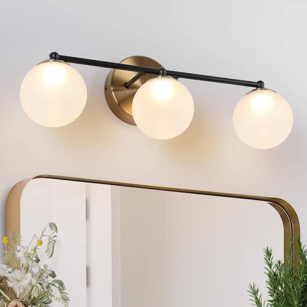 Zevni Fullur 22 in. 3-Light Matte Black and Brass Plated Bathroom Vanity Light Integrated LED Bath Light with Frosted Glass