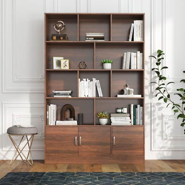 Tileon 70.87 in. Tall Bookshelf with 10 Cubes and 3 Doors 4-Tier Bookshelf with Open Shelf for Living Room and Office in Walnut