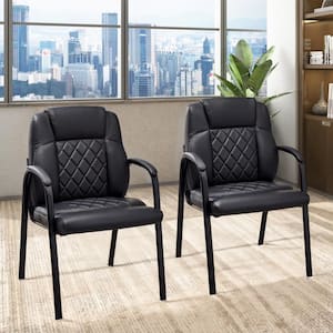 Faux Leather Office Guest Chairs, Upholstered Ergonomic Stationary Side Chairs in Black with Padded Arms (Set of 2)