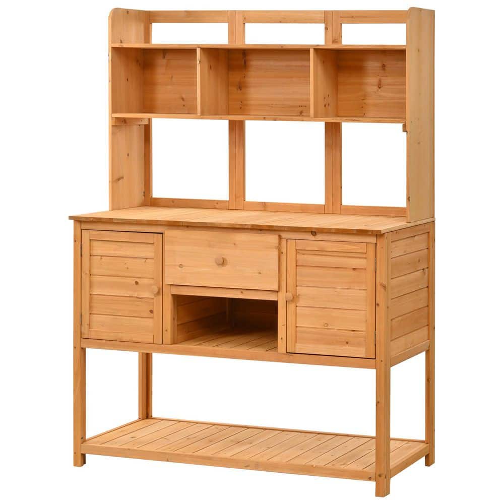 50.2 in. W x 66.1 in. H Brown Fir Wood Potting Bench Table with Hutch ...
