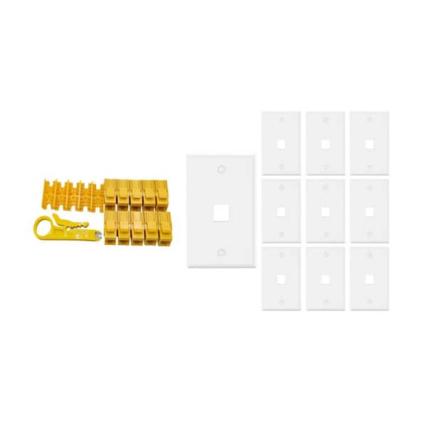 10-Pack 1-Gang White Keystone Plastic Wall Plates 1-Port and 10 Cat 6 RJ45 Keystone Jacks Yellow