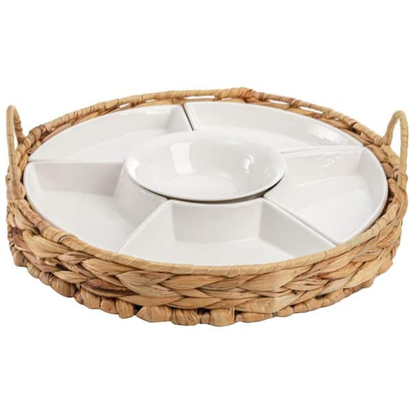 12 in. x 12 in. White Ceramic Divided Serving Dishes, Removable Snack Bowls with Basket for Chips and Dips (Set of 6)