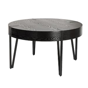 31.7 in. Elegant Black Round Wood Coffee Table with Metal Hairpin Legs