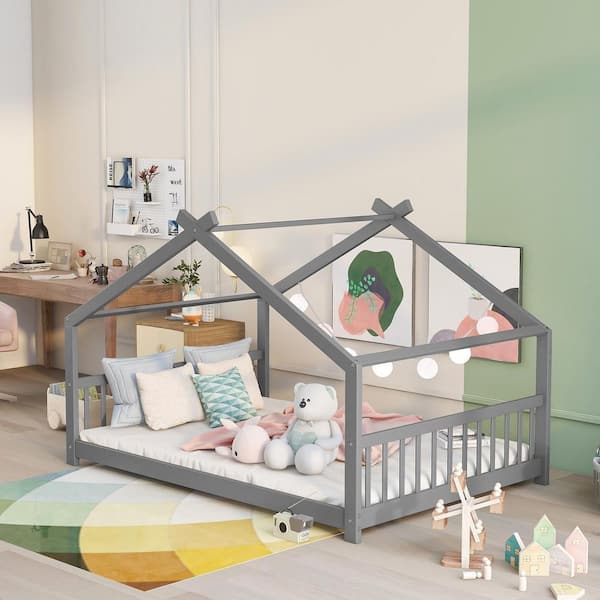 URTR Gray Full Size Wood House Bed with Roof,Full Platform Bed with Headboard and Footboard,No Box Spring Needed
