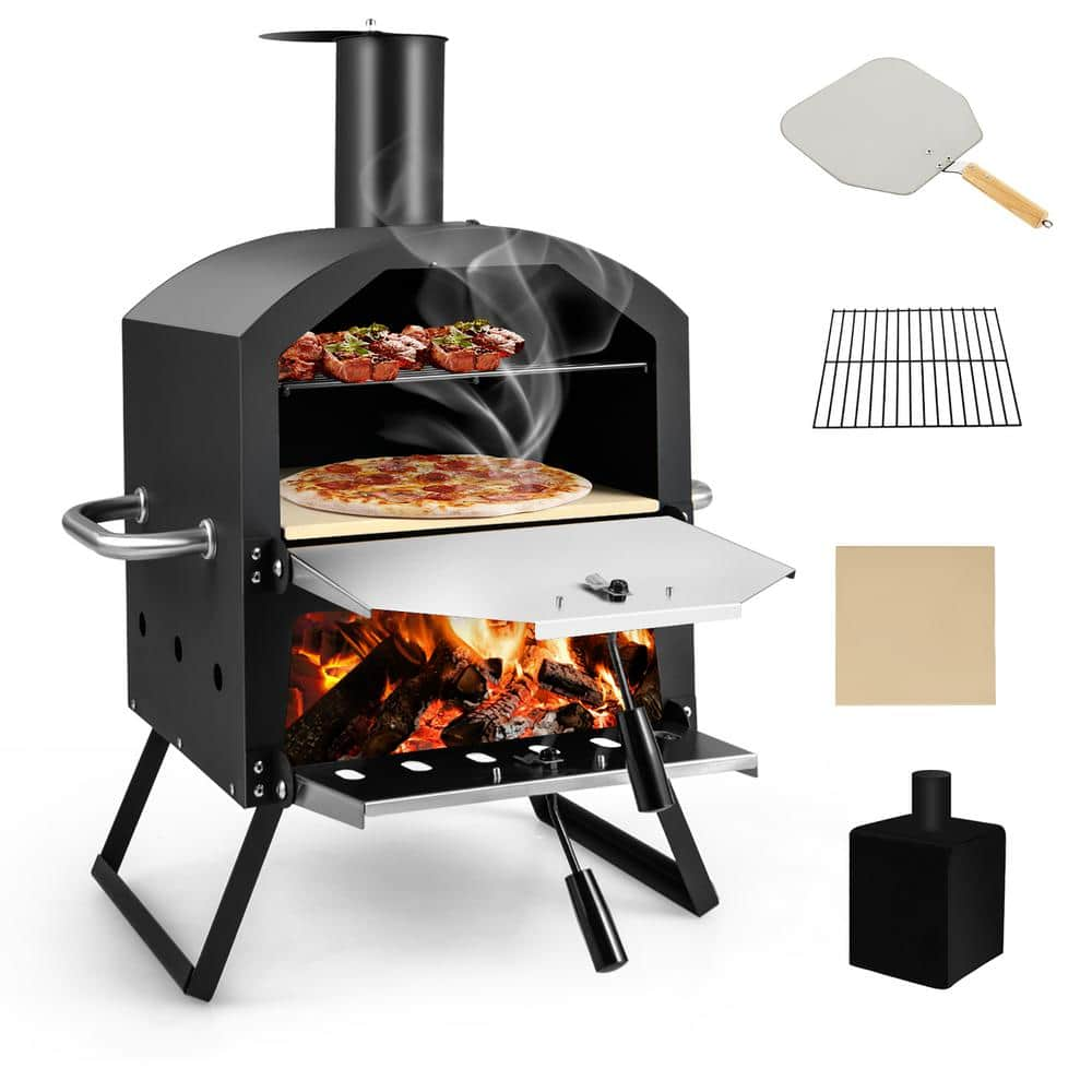 Costway Wood Outdoor Pizza Oven Pizza Grill Outside Pizza Maker with Waterproof Cover in Stainless Steel (2-Layer)