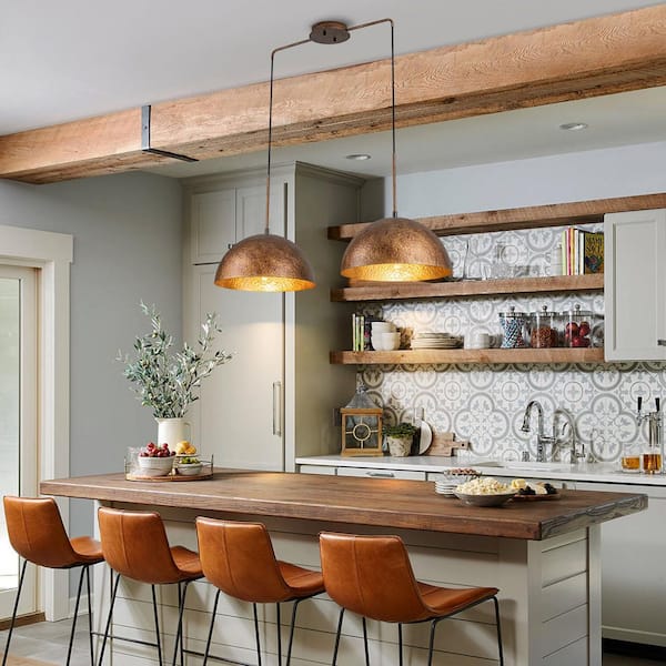 Detroit 34.25 in. 2-Light Industrial Gold Hammered Dome Pendant Light for Kitchen Island