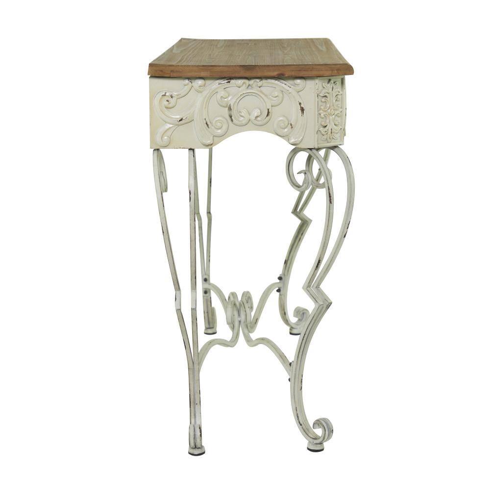 French Provincial White Metal Scroll Console Table with Fir Wood Top