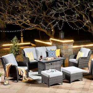 Moonset Gray 6-Piece Wicker Outdoor Patio Rectangular Fire Pit Seating Sofa Set and with Gray Cushions
