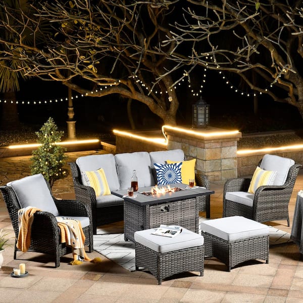 XIZZI Moonset Gray 6-Piece Wicker Outdoor Patio Rectangular Fire Pit Seating Sofa Set and with Gray Cushions