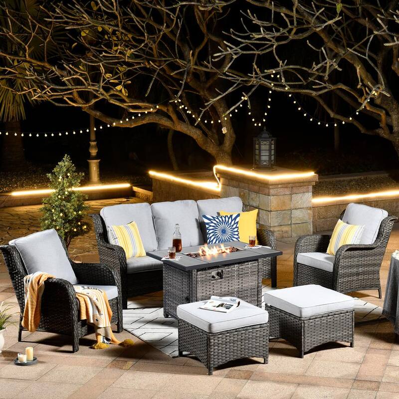 Moonset Gray 6-Piece Wicker Outdoor Patio Rectangular Fire Pit Seating Sofa Set and with Gray Cushions