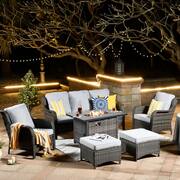 Moonset Gray 6-Piece Wicker Outdoor Patio Rectangular Fire Pit Seating Sofa Set and with Gray Cushions