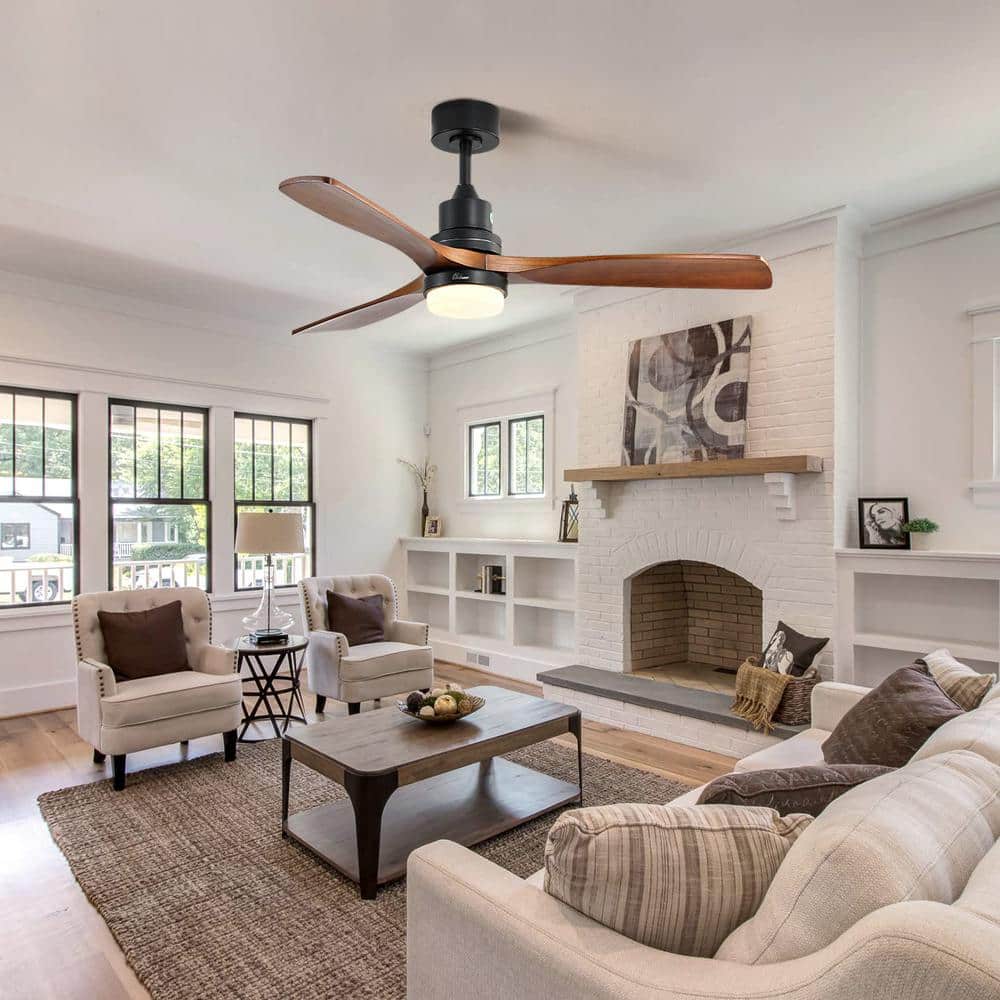 52" Black and Dark Wood-Grain Modern Ceiling Fan with Remote
