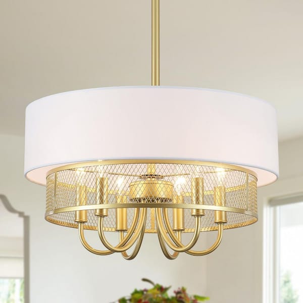 6-Light 2-Tiered Drum Chandelier Modern Gold Farmhouse Candle Chandelier with White Fabric Shade