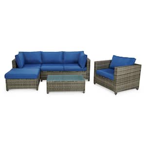 Gray 4-Piece Wicker Patio Conversation Set with Blue Cushion