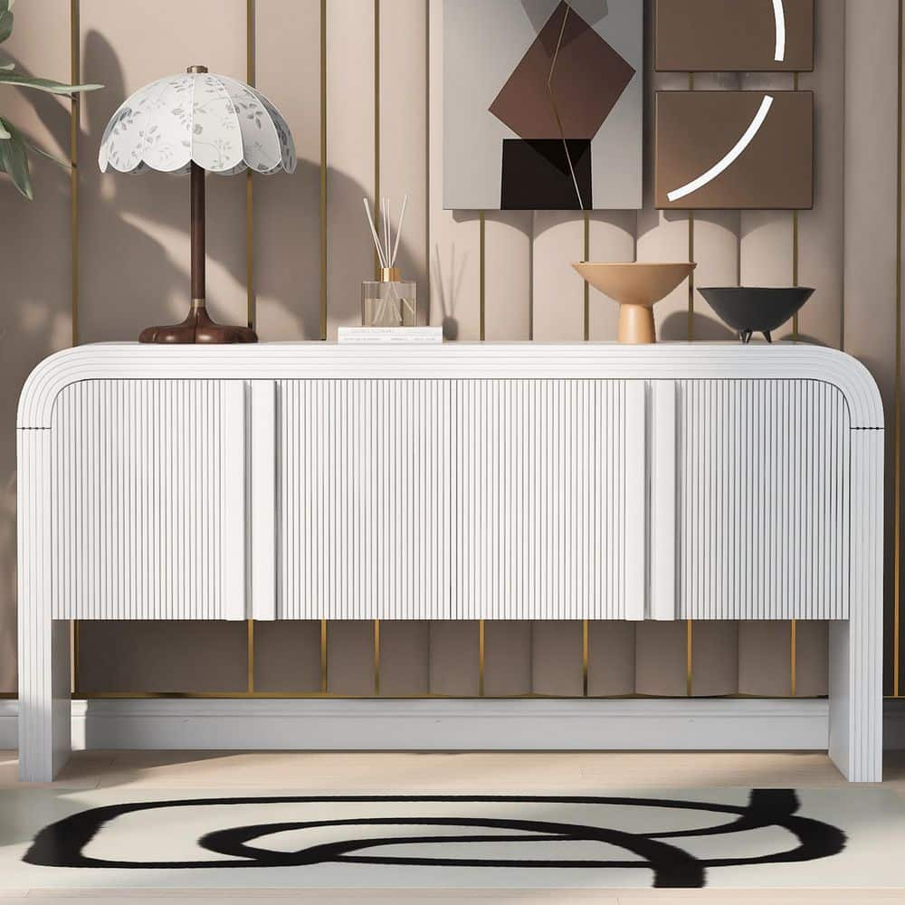 Grevlin Modern 63 in. White Rectangle MDF Entryway Console Table with Doors and Adjustable Shelf, Curved design