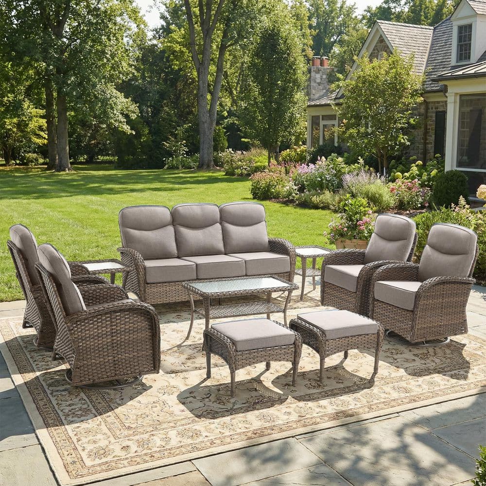 Goyal Brown 10-Piece Wicker Patio Conversation Seating Sofa Couch Set with Gray Cushions and Swivel Rocking Glider Chair price history on PriceWatchPro