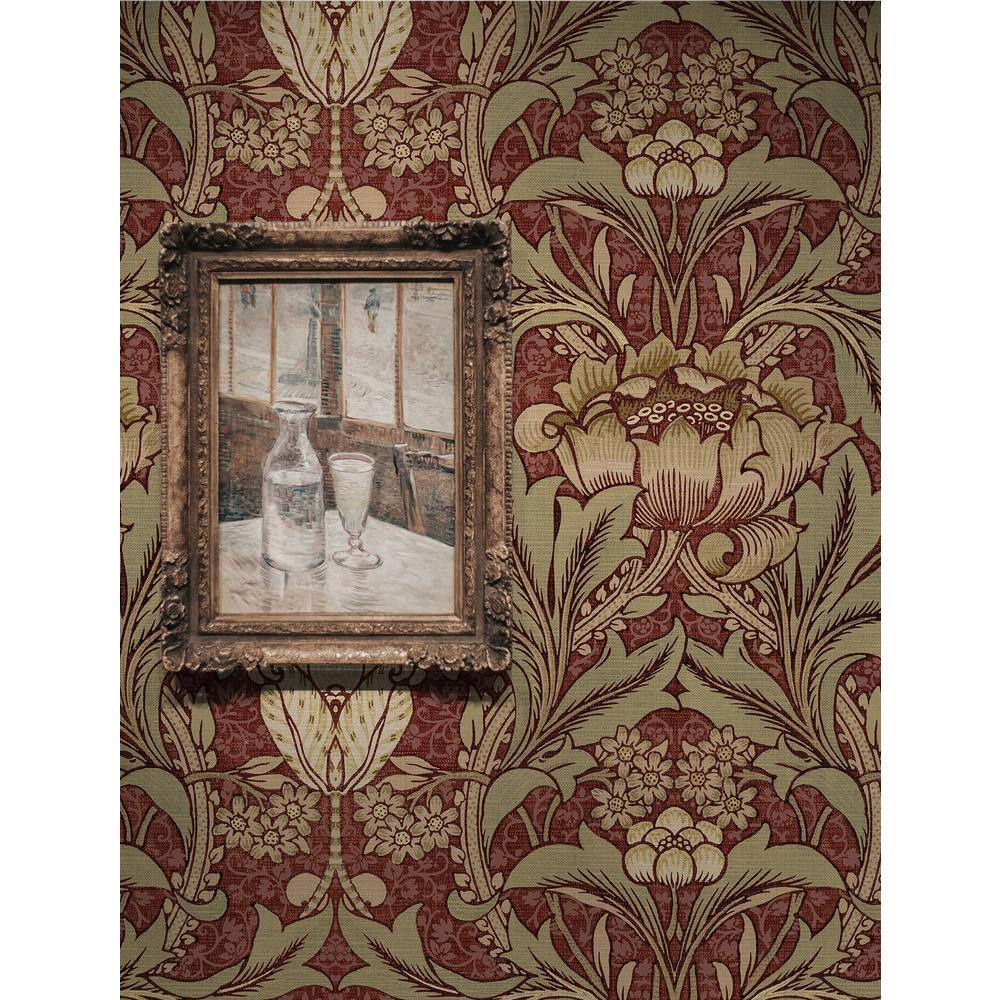 Red Clay and Lichen Floral Pre-Pasted Washable Wallpaper Roll