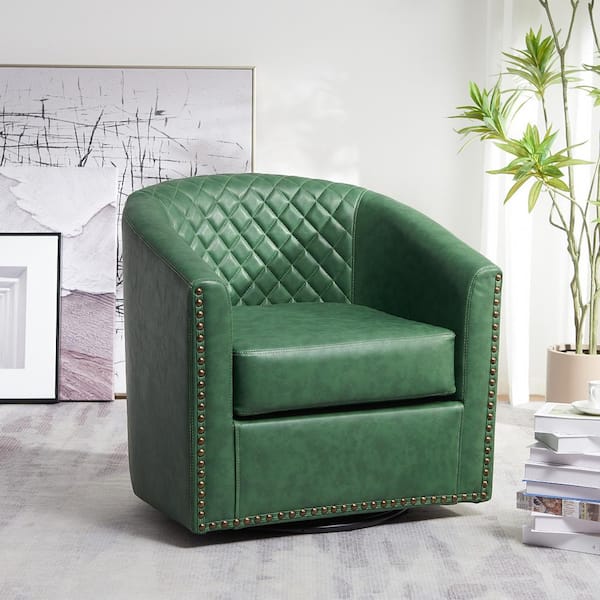 KINWELL Modern Green Small Swivel Faux Leather Tufted Upholstered Barrel Accent Arm Chair