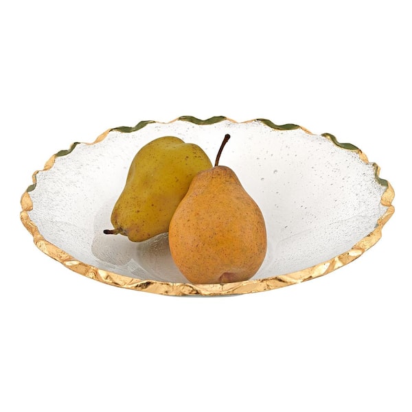 Badash Crystal 11 in. Gold Hand Decorated Leaf Chiseled Edge Straight Sided Glass Salad or Fruit Bowl