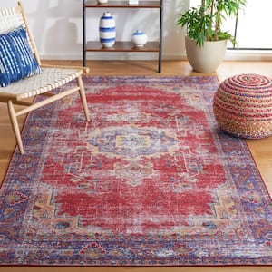 Tuscon Red/Navy 8 ft. x 10 ft. Machine Washable Medallion Floral Distressed Area Rug