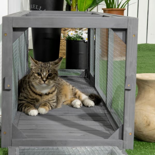 PawHut 59 in. Long Cat Tunnel Wooden Outdoor Cat Tunnel House with Weather Protection Cat Tube Toy Enclosure D34 005V00CG The Home Depot