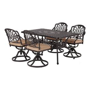 Classic Dark Brown 5-Piece Cast Aluminum Rectangle Outdoor Dining Set with Table and Swivel Dining Chairs Beige Cushion