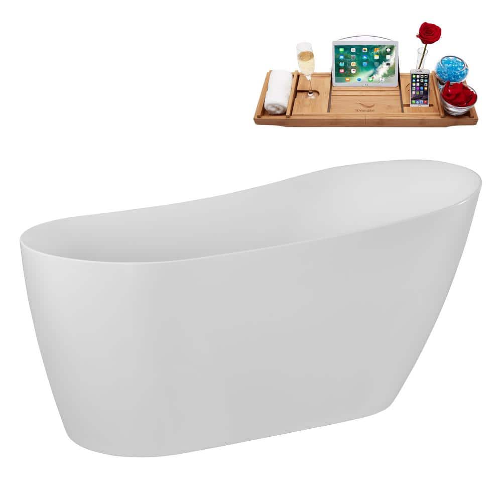 59" Glossy White Acrylic Freestanding Soaking Bathtub with Bamboo Tray