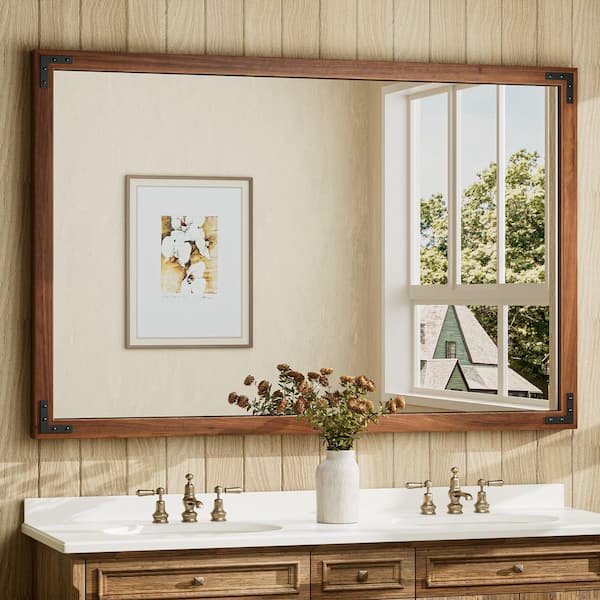 55 in. W x 36 in. H Large Rectangular Rustic Wood Framed Farmhouse Wall Bathroom Vanity Mirror in Brown