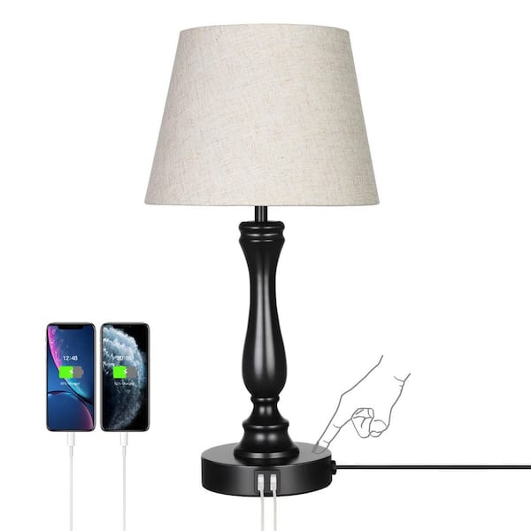 DEWENWILS Laraine 19 in. Black Touch Control 3-Way Table Lamp with 2-USB Ports, Natural Beige Linen Shade