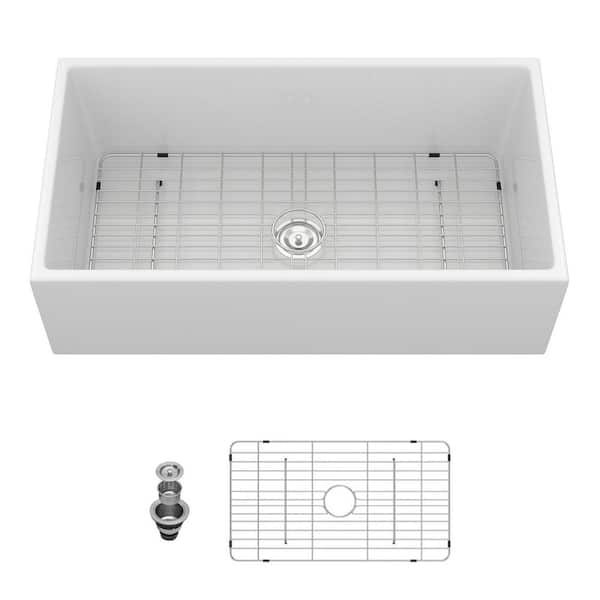 36 in. Farmhouse Single Bowl 16-Gauge White Ceramic Kitchen Sink with Drain and Dish Grid