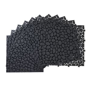 12 in. x 12 in. Plastic Black Pebble Stone Pattern Interlocking Floor Outdoor Patio Deck All-Weather Tiles (24-Pack)