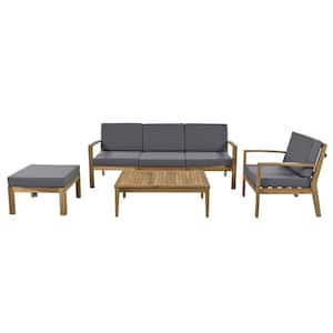 6-Piece Wood Outdoor Sectional Set with Coffee Table and Removable Grey Cushions for Garden Backyard and Poolside