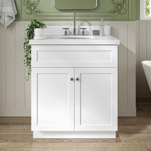 Hamlet 30 in. W x 22 in. D x 36 in. H Bath Vanity in White with White Pure White Quartz Top