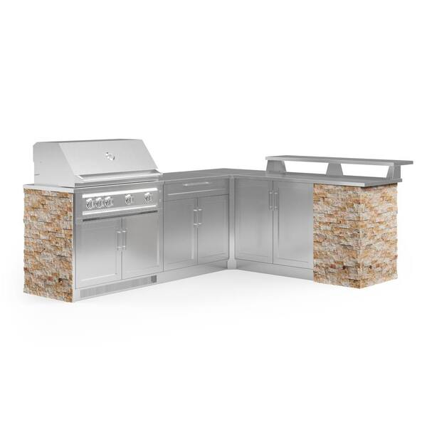 NewAge Products Signature Series Stainless Steel 8-Piece L Shape Outdoor Kitchen Cabinet Set with Natural Gas Platinum 40 in. Grill
