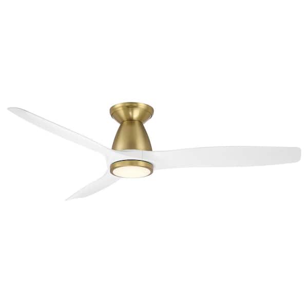 Skylark 54 in. 3-Blade Smart Indoor/Outdoor Flush Mount Ceiling Fan in Soft Brass Matte White 3000K LED and Remote