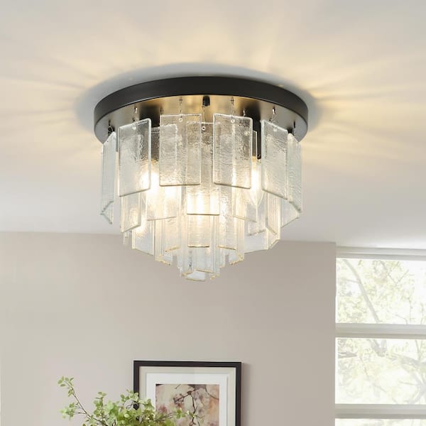 GoYeel 11.81 in. 3-Light Matte Black Modern Textured Glass Flush Mount Ceiling Light