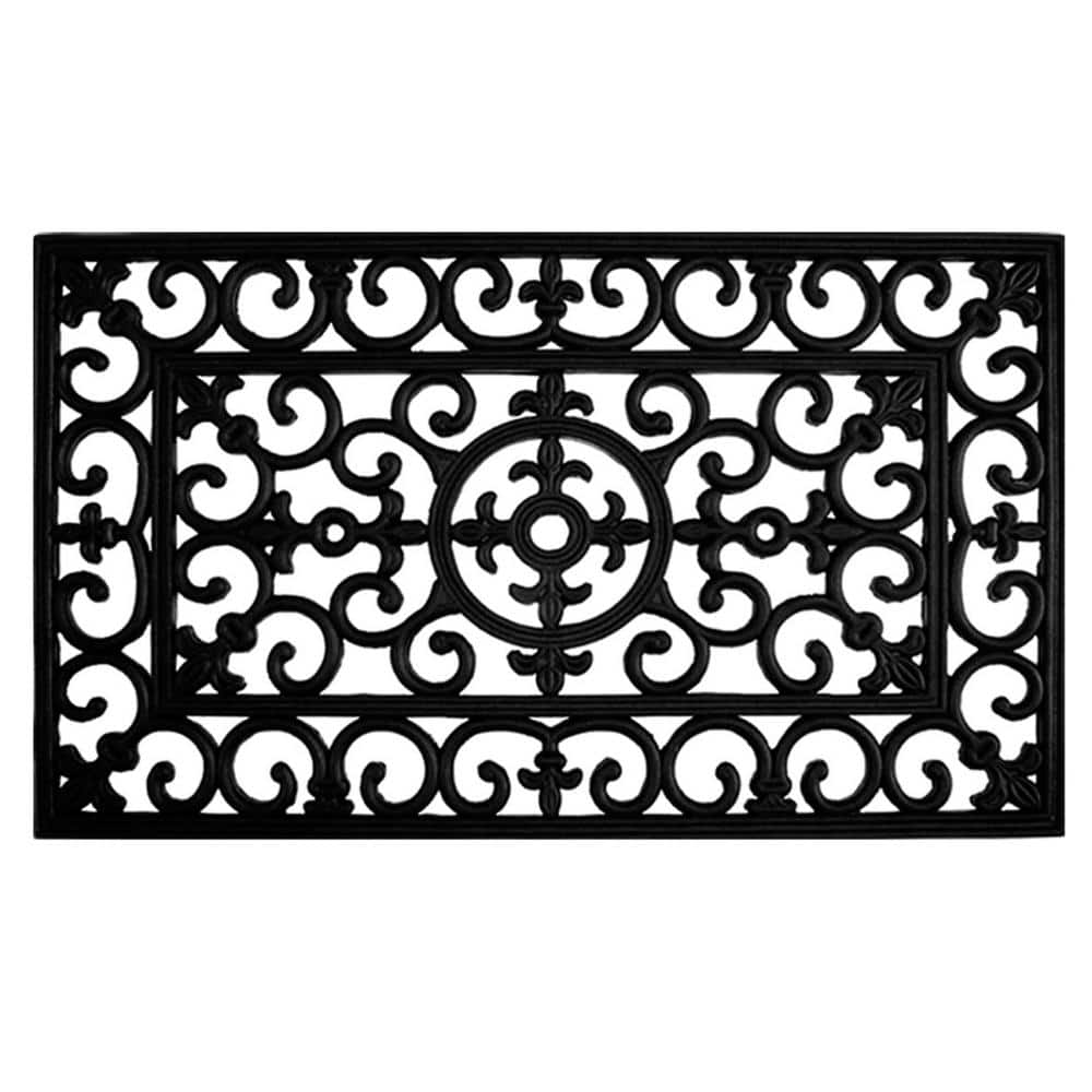 Black Scroll Design Rubber Outdoor Doormat 18" x 30"