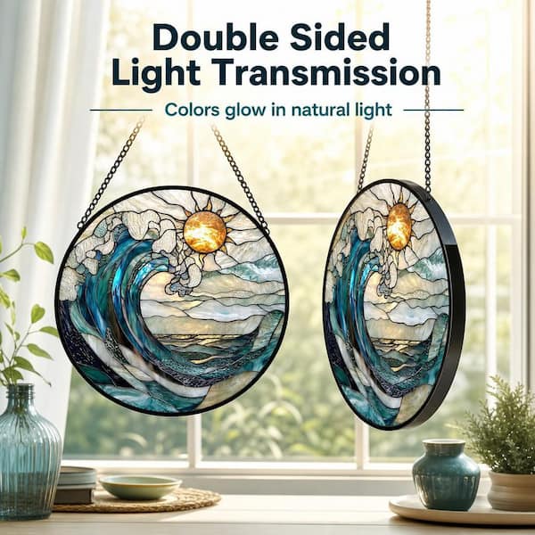 Angel Sar 6.3 in. Blue and White Waves Stained Glass Suncatcher