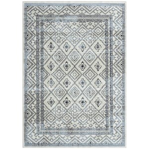 Treasure Cambria Beige/Navy Blue 5 ft. x 7 ft. Geometric Machine Washable Runner Area Rug