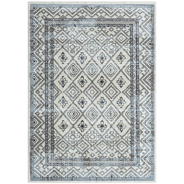 Everwash Treasure Cambria Beige/Navy Blue 5 ft. x 7 ft. Geometric Machine Washable Runner Area Rug