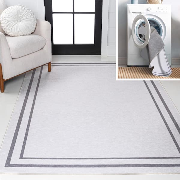 Sloane Classic 2-Stripe Border Washable White/Gray 9 ft. x 12 ft. Area Rug