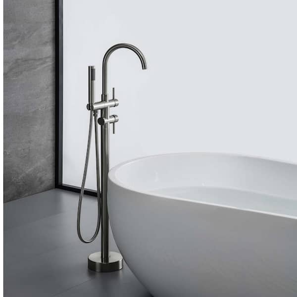 GIVING TREE 2-Handle Floor Mount Freestanding Tub Faucet Bathtub Filler with Hand Shower in Brushed Nickel