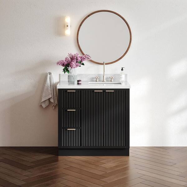 Milan 37 in. W x 21.5 in. D x 36 in. H Single Sink Bath Vanity in Black with Italian Carrara Marble Top