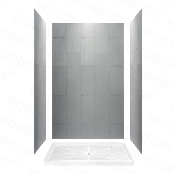 WOODBRIDGE 32 in. x 60 in. x 96 in. Solid Surface 3-Piece Easy Up Adhesive Alcove Shower Wall Surround in Grey