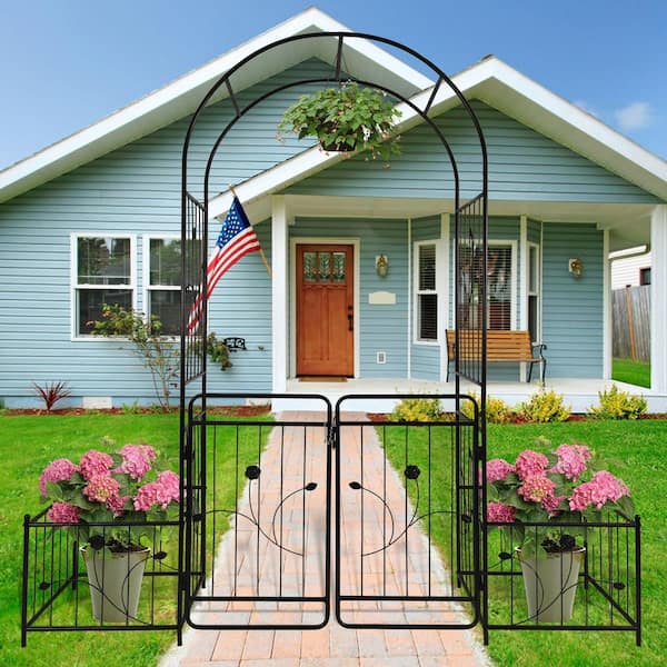 87 in. Metal Garden Arch Trellis with GateandPlant Box For Climbing Plant Support Outdoor Archway For WeddingsandParties