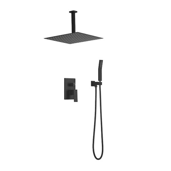 Mondawe 2-Spray Patterns 16 in. Ceiling Mount Square Rainfall Dual Shower Heads in Matte Black-16 with Handheld