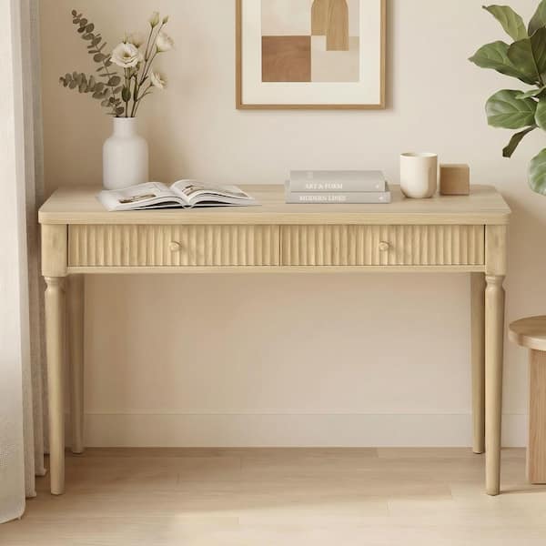 47 in. Rectangular Natural Oak Wood Writing Desk Trendy Fluted Design Computer Desk with 2 Storage Sliding Drawers