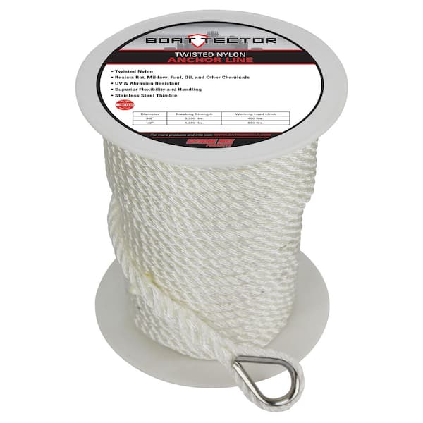 Extreme Max 3006.2294 BoatTector 3/8 D x 150' L White Nylon Twisted Anchor Line with Thimble