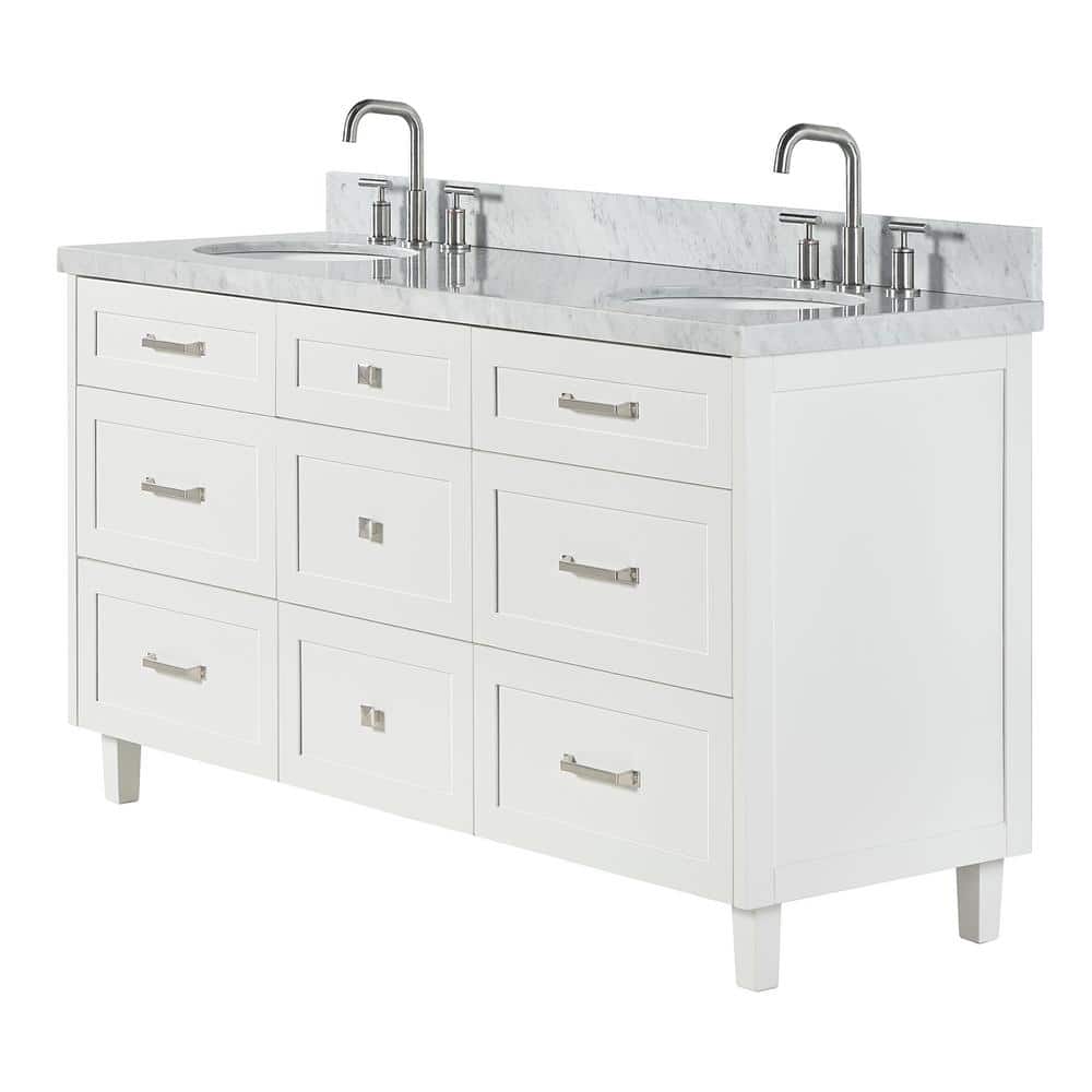 White Double Sink Freestanding Vanity with Carrara Marble Top