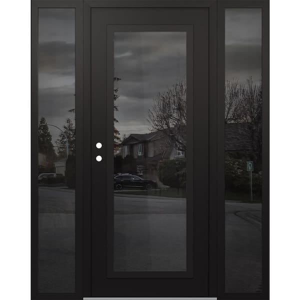 C1 60 in. x 80 in. Black P Right-Hand/Inswing Mirrored Glass Black/Black 2 Sidelite Steel Prehung Front Door